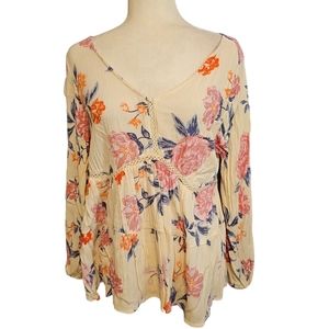 Angels Boho Blouse Long Sleeve Loosefit Beige Floral Flowy Womens Medium